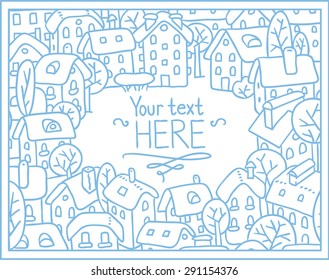 Greeting card with a vector picture of the city with houses in a courtyard with trees and a window for text. Can be used as seamless pattern