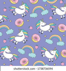 Greeting card, Vector Seamless pattern with cute cartoon unicorns. Wrapping paper or fabric. Pattern with strawberries, rainbow, unicorn, stars and pink donuts on a purple background.