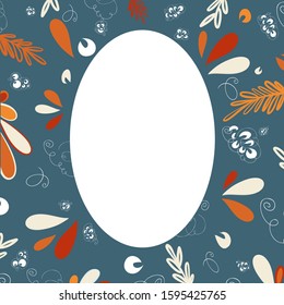 Greeting card vector template background with floral elements. Frame with hand drawn leaves and flowers illustrations. Cute greeting card in doodle style.
