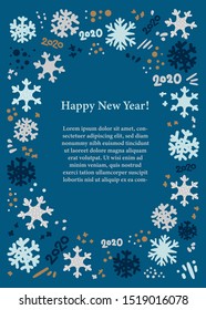 Greeting card vector template. Frame with hand drawn snowflakes and winter symbols. Flat style border for text. Party invitation, holiday poster, article design. Happy new year 2020