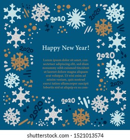 Greeting card vector template. Frame with hand drawn snowflakes and winter symbols. Flat style border for text. Party invitation, holiday poster, article design. Happy new year 2020