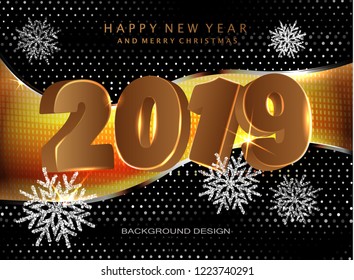 Greeting card vector template. Merry Christmas and Happy New Year 2019 decorations. Holiday illustration for posters, placards, banners and flyers
