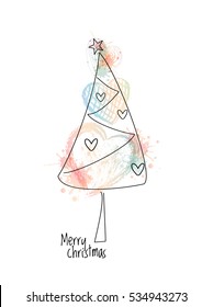 Greeting card vector template with text and hand drawn Christmas tree and watercolor hearts at white background.