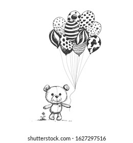 Greeting card vector for valentines day, Cute Teddy bear hold colorful balloons isolated on white background.