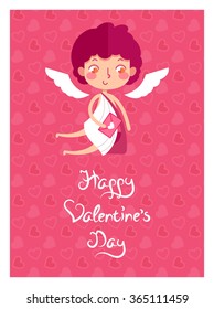 Greeting card in vector. Valentine's Day cute cupid postman with letter.