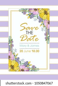 Greeting card, vector wedding invitation design with flowers, buds and leaves. flower background with floral elements for text, background. Template. Frame.