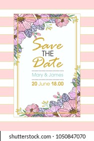Greeting card, vector wedding invitation design with flowers, buds and leaves. flower background with floral elements for text, background. Template. Frame.