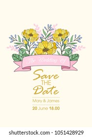Greeting card, vector wedding invitation design with flowers, buds and leaves. flower background with floral elements for text, background. Template. Frame.