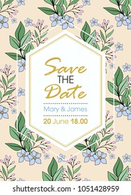 Greeting card, vector wedding invitation design with flowers, buds and leaves. flower background with floral elements for text, background. Template. Frame.