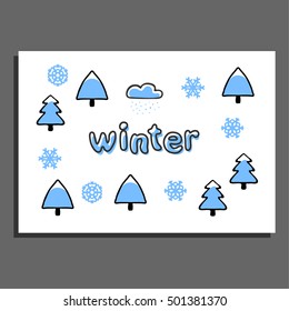 Greeting card with vector winter illustrations. Cute cartoon childish design. Text with doodle trees, cloud and snowflakes