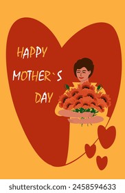 Greeting card, vertical banner for Mother's Day. Young woman with a bouquet of red poppies and a red heart on a yellow background, vector illustration