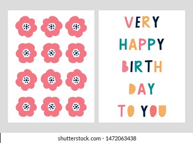 Greeting card, Very Happy Birthday to you in Scandinavian style. Vector Illustration for kids poster, card, flyer, banner. 
