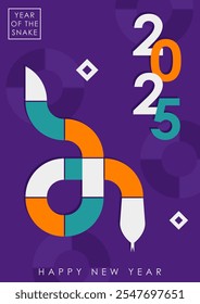 Greeting card with vibrant illustration for 2025 Year of the Snake featuring a geometric snake in cyan, orange and white on a purple background with circles, stars. Modern poster with bold typography