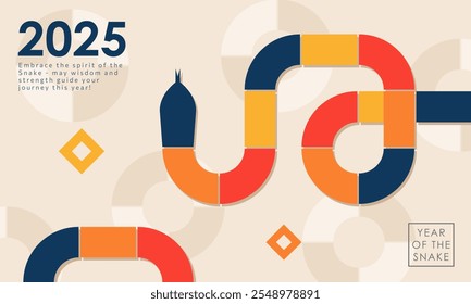 Greeting card with vibrant illustration for 2025 Year of the Snake featuring geometric snake in blue, yellow and red on beige background with circles, stars. Modern trendy banner with abstract design