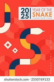 Greeting card with vibrant illustration for 2025 Year of the Snake featuring a geometric snake in blue, yellow and white on a red background with circles, stars. Modern poster with bold typography