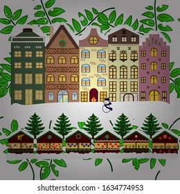 Greeting card. Village in Christmas, banner on background with snow and snowflakes. Vector illustration.