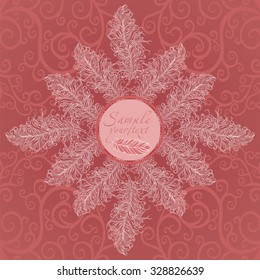 Greeting card in vinous tones with patterns and feathers 