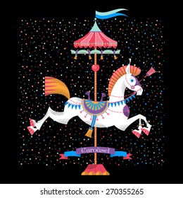 Greeting card with vintage carousel horse. Vector illustration