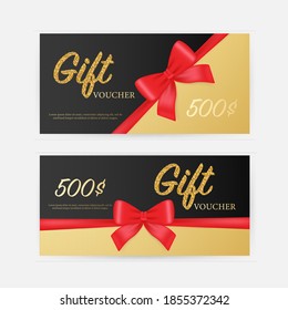 Greeting card. Vintage Coupon ticket card. ribbon banner with golden gift voucher on gold background for concept design. Vector design template. Gift voucher.