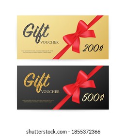 Greeting card. Vintage Coupon ticket card. ribbon banner with golden gift voucher on gold background for concept design. Vector design template. Gift voucher.