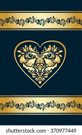 Greeting card with vintage floral golden heart shape