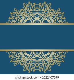 Greeting card with vintage gold ornament and place for text. Signboard name. Vector illustration. Romantic wedding invitation. Good for design in business.