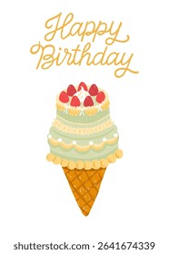 Greeting card with vintage green cake ice cream cone, strawberries, bows, candle and Happy Birthday lettering. Korean confectionery style. Vector isolated for packaging and party goods
