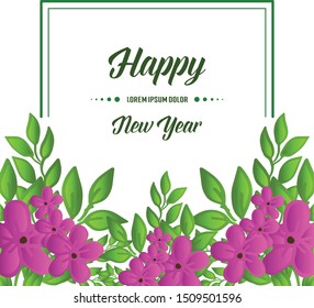 Greeting card vintage happy new year, with crowd of purple flower frame. Vector