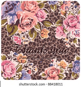 Greeting Card with vintage roses on leopard background