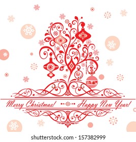 Greeting card with vintage Xmas red tree