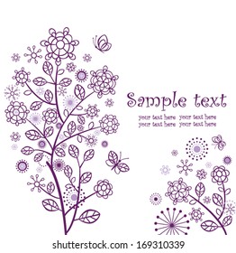 Greeting card with violet blossoming tree