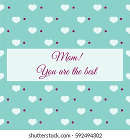 Greeting card with violet dots and white hearts on cute mint background.