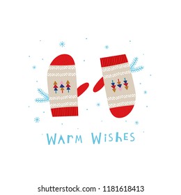 Greeting card: Warm wishes . Creative hand drawn card for winter holidays with cozy mittens. Vector cartoon illustration. Hand drawn typography poster. Xmas design. 