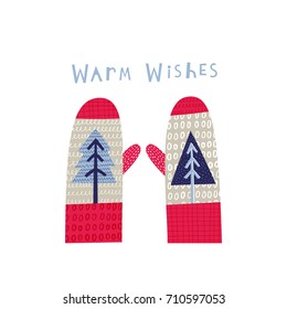 Greeting card: Warm wishes. Creative hand drawn card for winter holidays with cozy mitten. Vector cartoon illustration. Hand drawn typography poster. Xmas design. Pink and blue