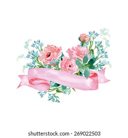 Greeting card with a  watercolor  blooming Ranunculus and  Myosotis with place for your text. (Use for Boarding Pass, invitations, thank you card.) Vector illustration.