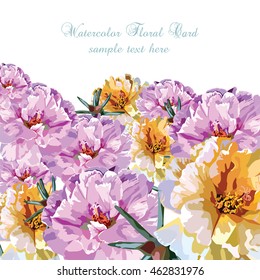 Greeting card with watercolor colorful flowers. Roses watercolor Invitation card for wedding, birthday and other holiday. Summer background. Vector illustration floral poster