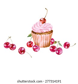 Greeting  card with watercolor  cupcake and cherry. With place for your text.  (Use for Boarding Pass, invitations, thank you card, Birthday card) Vector illustration.