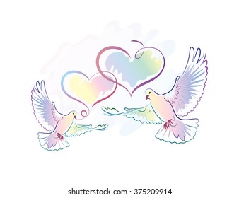 Greeting card with a watercolor effect with doves and hearts