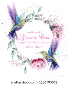 Greeting Card With Watercolor Humming Bird Frame. Vector