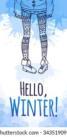 Greeting card with watercolor splashes and female legs with tribal pattern for your creativity