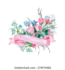 Greeting card with a  watercolor  wild flowers with place for your text. (Use for Boarding Pass, invitations, thank you card.) Vector illustration.