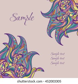 Greeting card with wavy abstract  doodle elements. Floral motif, deep bright colors. Place for text.