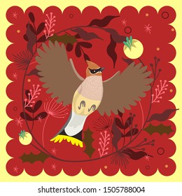 Greeting card with waxwing. Vector graphics.