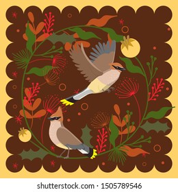 Greeting card with waxwings. Vector graphics.