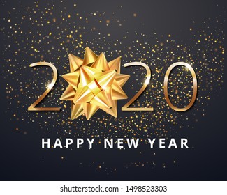 Greeting card web banner or poster with happy new year 2020 with christmas bow gold glitter confetti and shine. Luxury golden and black color invitation. Vector illustration for web. EPS 10