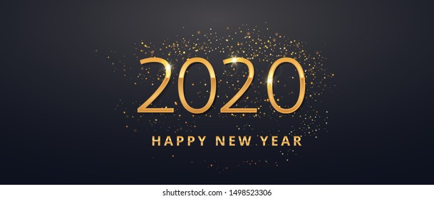Greeting card web banner or poster with happy new year 2020 with gold glitter confetti and shine. Luxury golden and black color invitation. Vector illustration for web. EPS 10