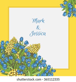 Greeting card. Wedding, anniversary, birthday. Mimosa and bluebell. With room for your text. Vector illustration