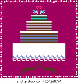 Greeting card for wedding with big cake and doves on the table. Wine-colored background.