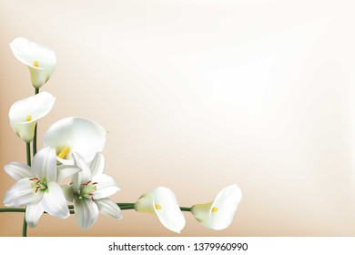 Greeting card, or wedding invitation, with beautiful white lilies and calla lilies 