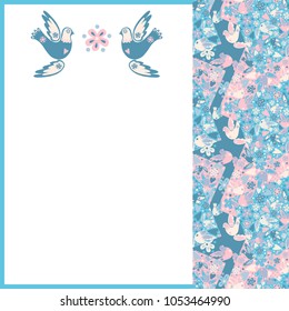 Greeting card or wedding invitation design with flying birds and patchwork decoration. 